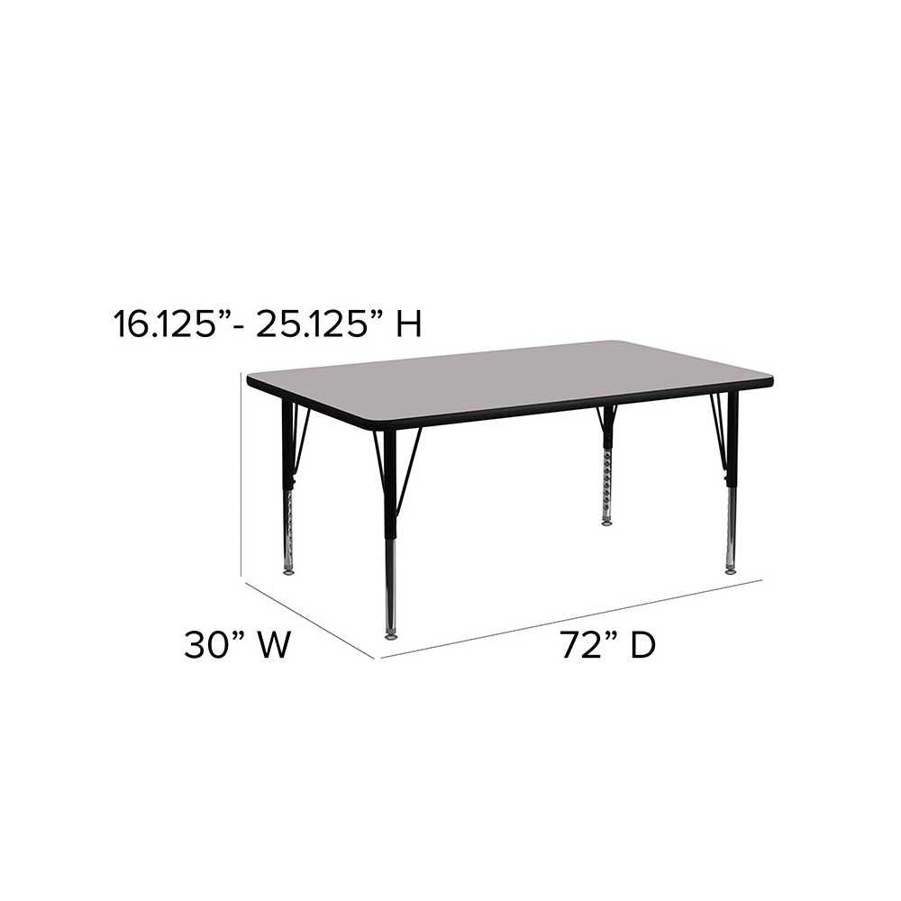 30''W x 72''L Rectangular Gray Thermal Laminate Activity Table - Height Adjustable Short Legs