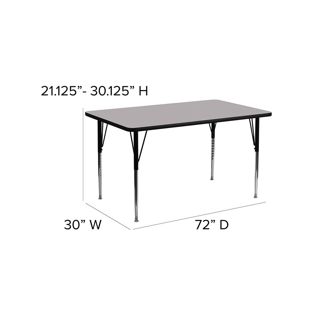 30''W x 72''L Rectangular Gray Thermal Laminate Activity Table - Standard Height Adjustable Legs