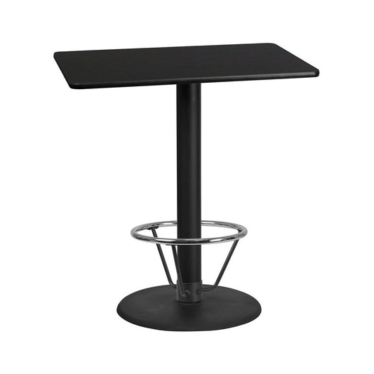 30'' x 42'' Rectangular Black Laminate Table Top with 24'' Round Bar Height Table Base and Foot Ring