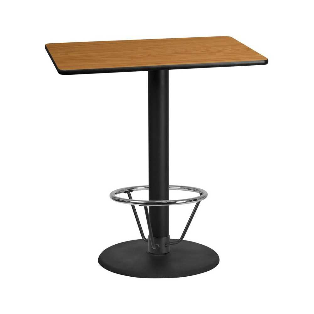 30'' x 42'' Rectangular Natural Laminate Table Top with 24'' Round Bar Height Table Base and Foot Ring