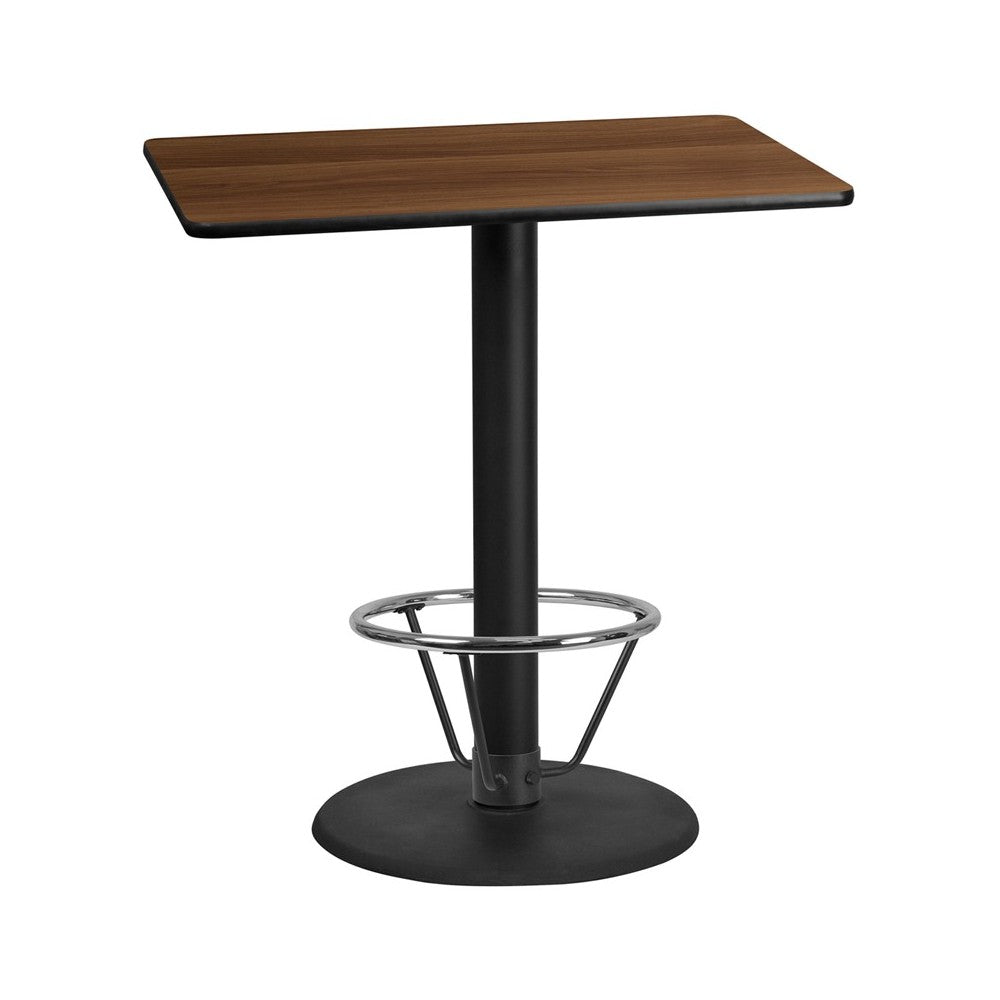 30'' x 42'' Rectangular Walnut Laminate Table Top with 24'' Round Bar Height Table Base and Foot Ring