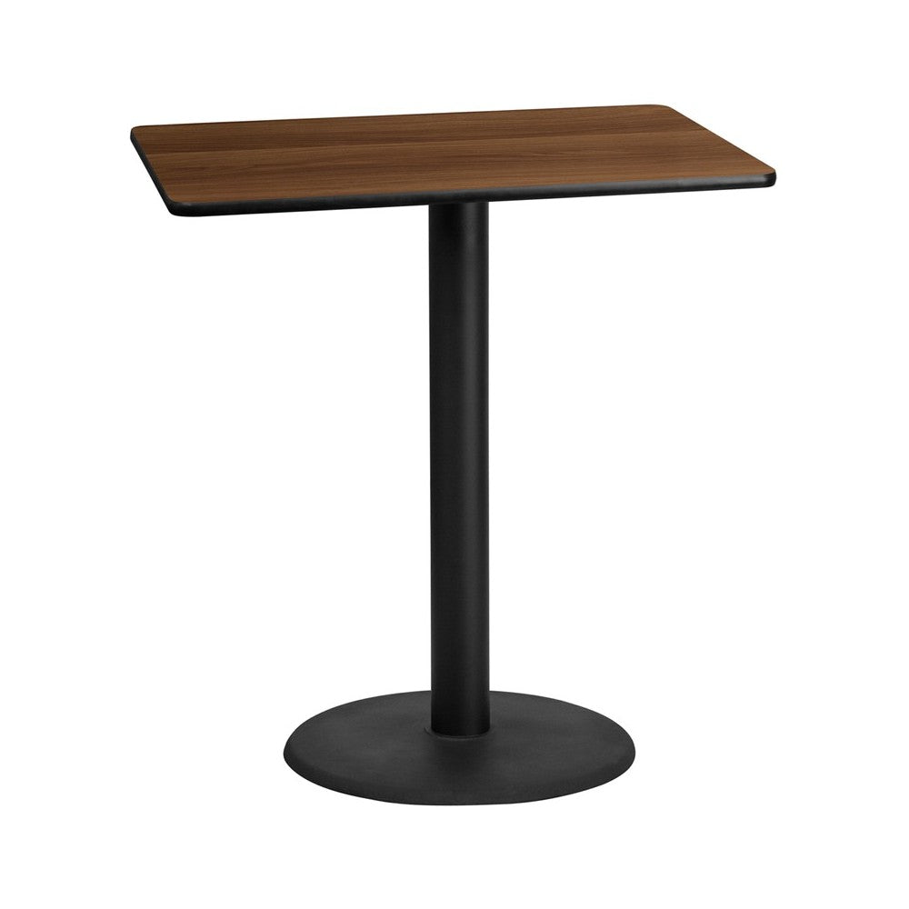 30'' x 42'' Rectangular Walnut Laminate Table Top with 24'' Round Bar Height Table Base