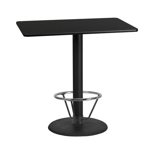 30'' x 48'' Rectangular Black Laminate Table Top with 24'' Round Bar Height Table Base and Foot Ring