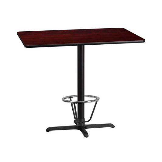 30'' x 48'' Rectangular Mahogany Laminate Table Top with 23.5'' x 29.5'' Bar Height Table Base and Foot Ring