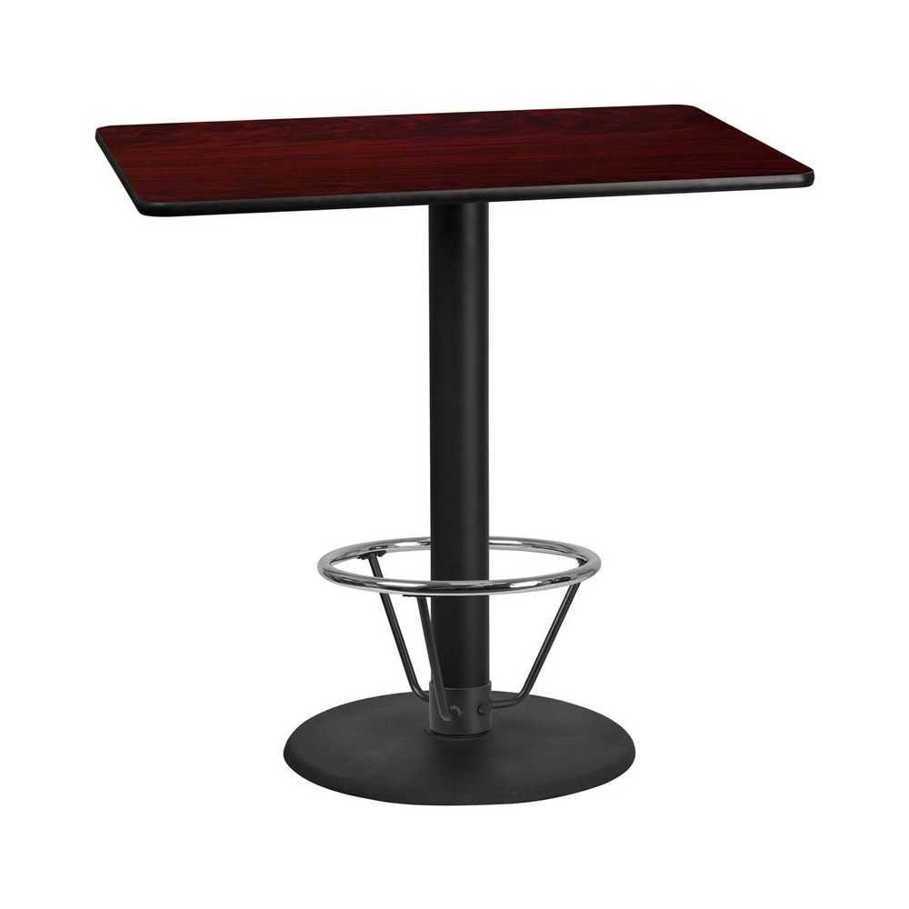 30'' x 48'' Rectangular Mahogany Laminate Table Top with 24'' Round Bar Height Table Base and Foot Ring