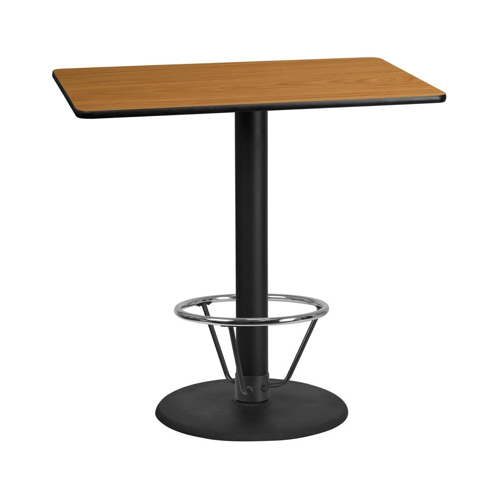 30'' x 48'' Rectangular Natural Laminate Table Top with 24'' Round Bar Height Table Base and Foot Ring