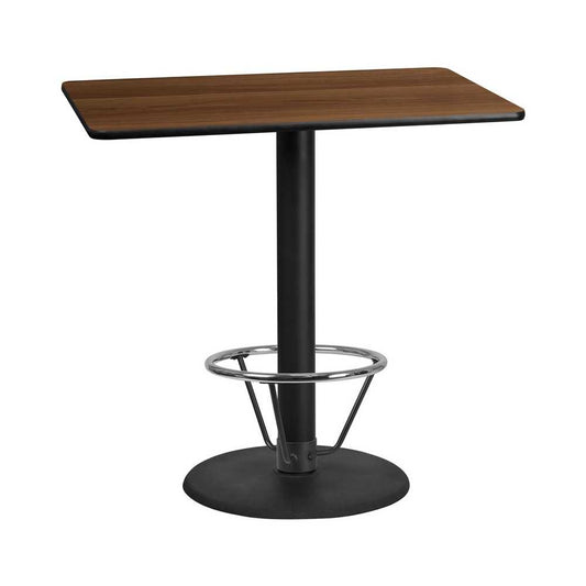 30'' x 48'' Rectangular Walnut Laminate Table Top with 24'' Round Bar Height Table Base and Foot Ring