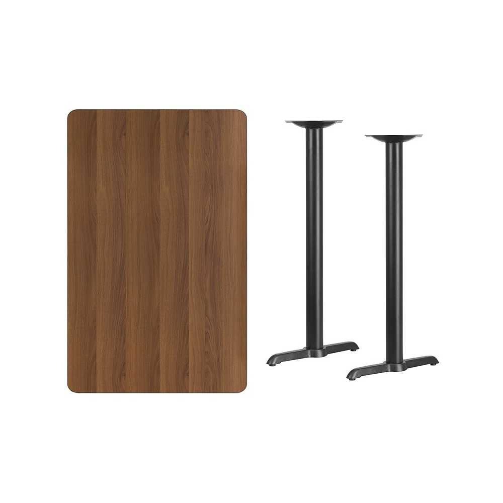 30'' x 48'' Rectangular Walnut Laminate Table Top with 5'' x 22'' Bar Height Table Bases