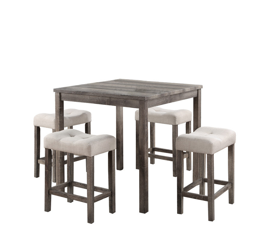 Lucian Brown 5 Piece 36" Pub Table Set with Tufted Creamy White Linen Stools