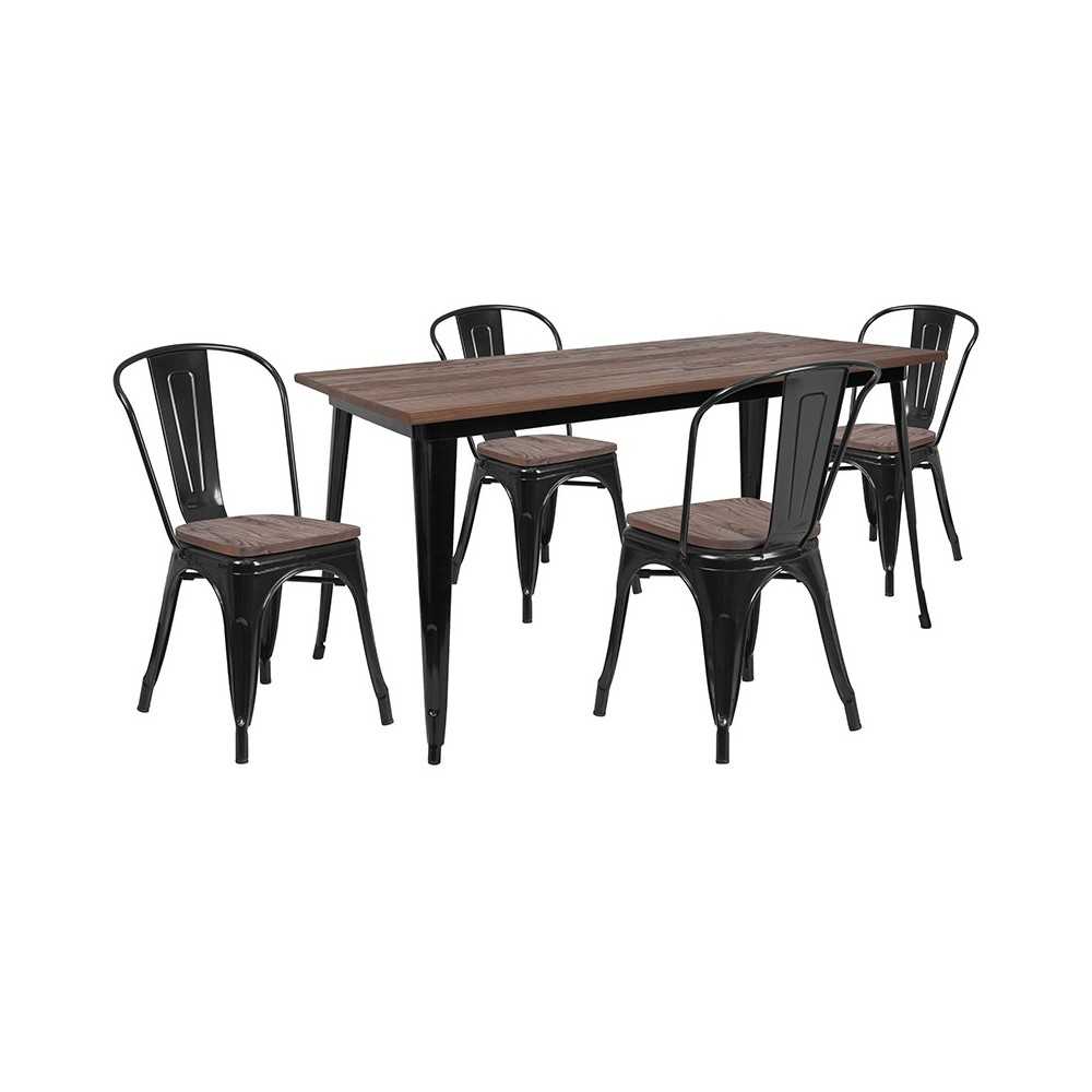 30.25" x 60" Black Metal Table Set with Wood Top and 4 Stack Chairs