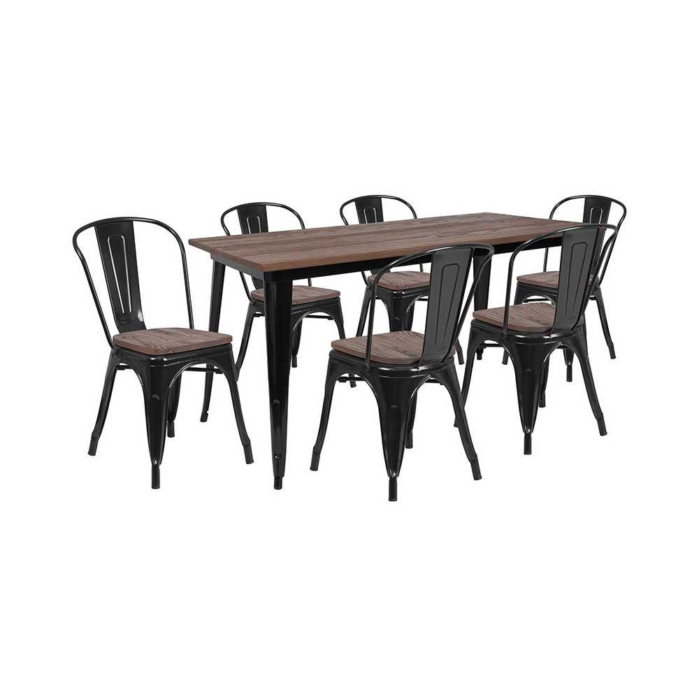 30.25" x 60" Black Metal Table Set with Wood Top and 6 Stack Chairs