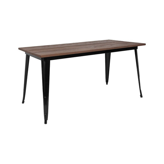 30.25" x 60" Rectangular Black Metal Indoor Table with Walnut Rustic Wood Top