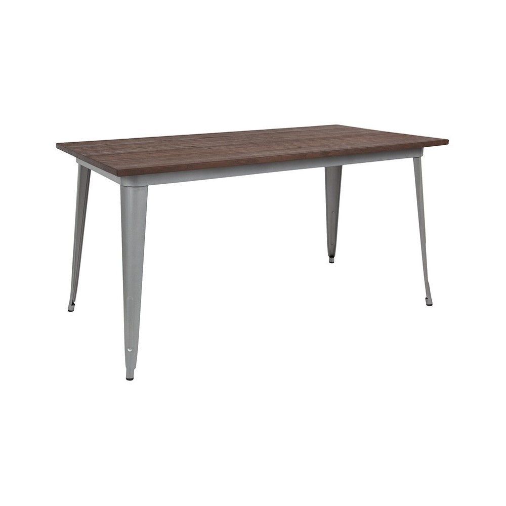 30.25" x 60" Rectangular Silver Metal Indoor Table with Walnut Rustic Wood Top