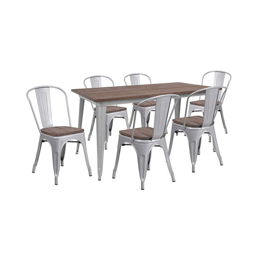 30.25" x 60" Silver Metal Table Set with Wood Top and 6 Stack Chairs