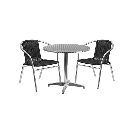 31.5'' Round Aluminum Indoor-Outdoor Table Set with 2 Black Rattan Chairs