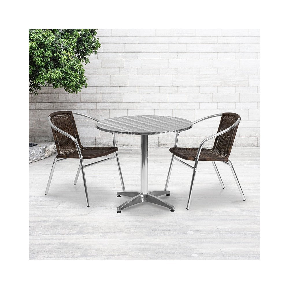 31.5'' Round Aluminum Indoor-Outdoor Table Set with 2 Dark Brown Rattan Chairs