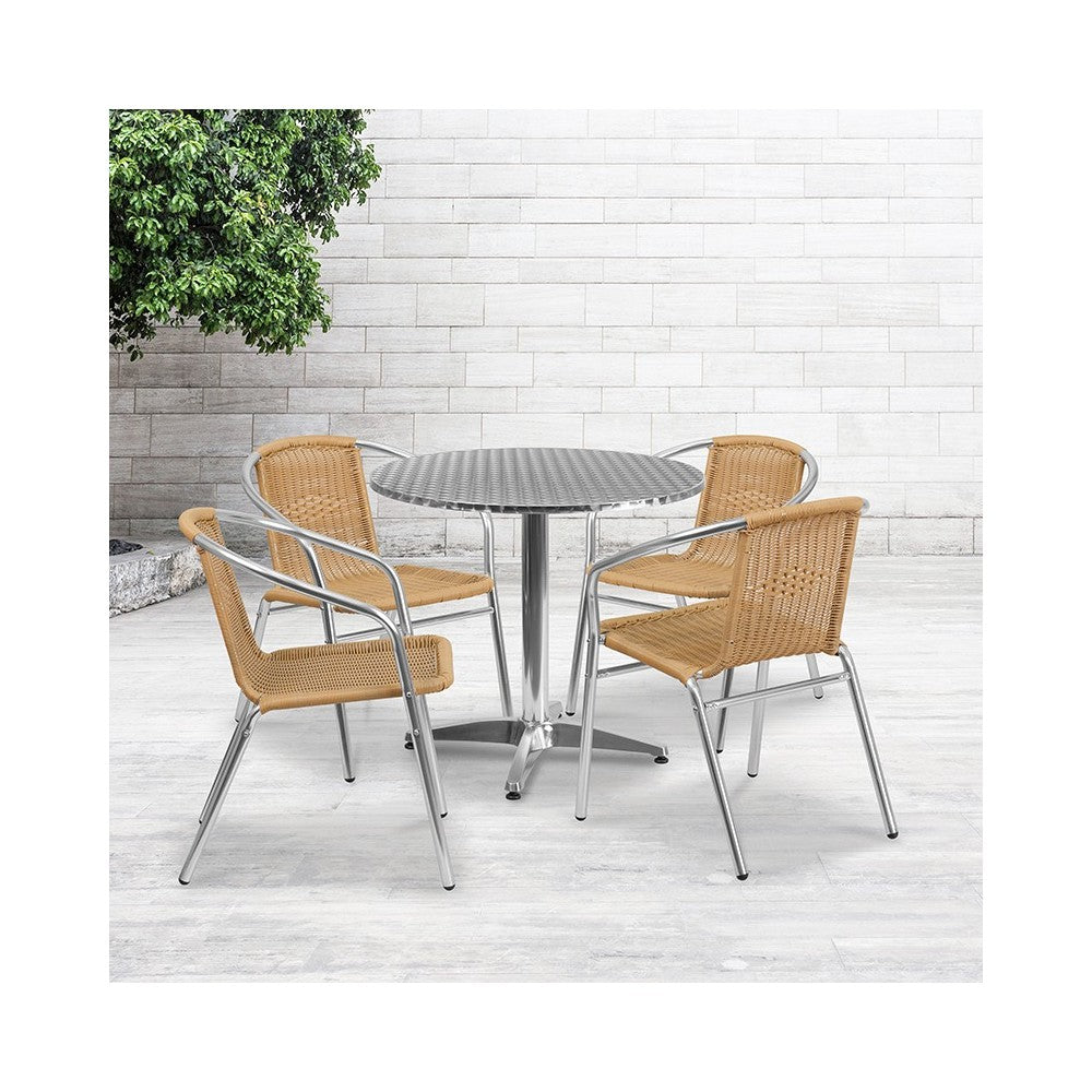 31.5'' Round Aluminum Indoor-Outdoor Table Set with 4 Beige Rattan Chairs