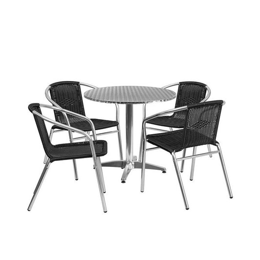 31.5'' Round Aluminum Indoor-Outdoor Table Set with 4 Black Rattan Chairs