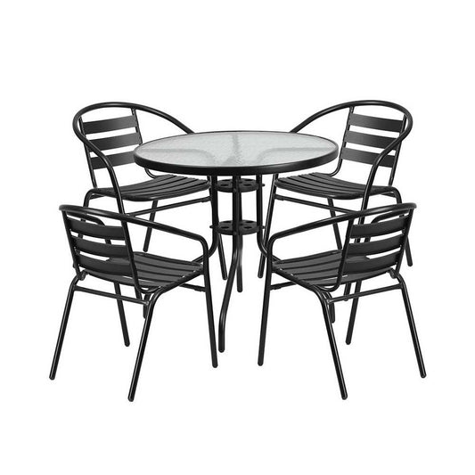 31.5'' Round Glass Metal Table with 4 Black Metal Aluminum Slat Stack Chairs