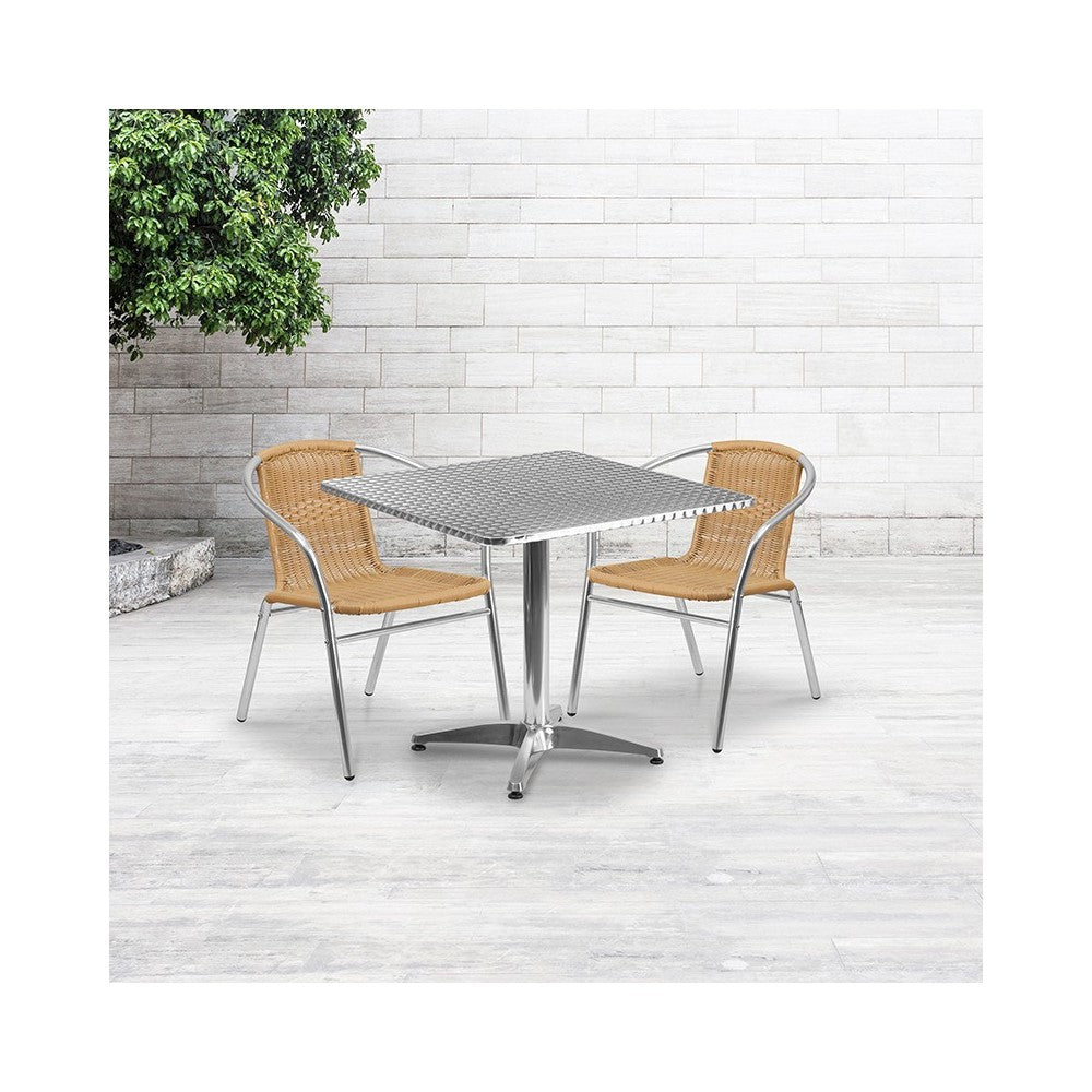 31.5'' Square Aluminum Indoor-Outdoor Table Set with 2 Beige Rattan Chairs