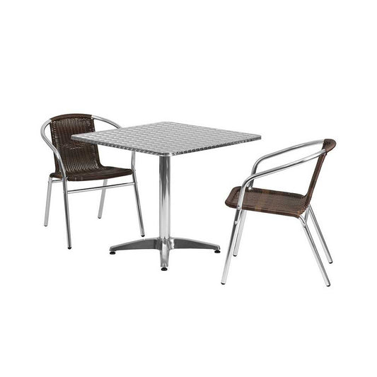 31.5'' Square Aluminum Indoor-Outdoor Table Set with 2 Dark Brown Rattan Chairs