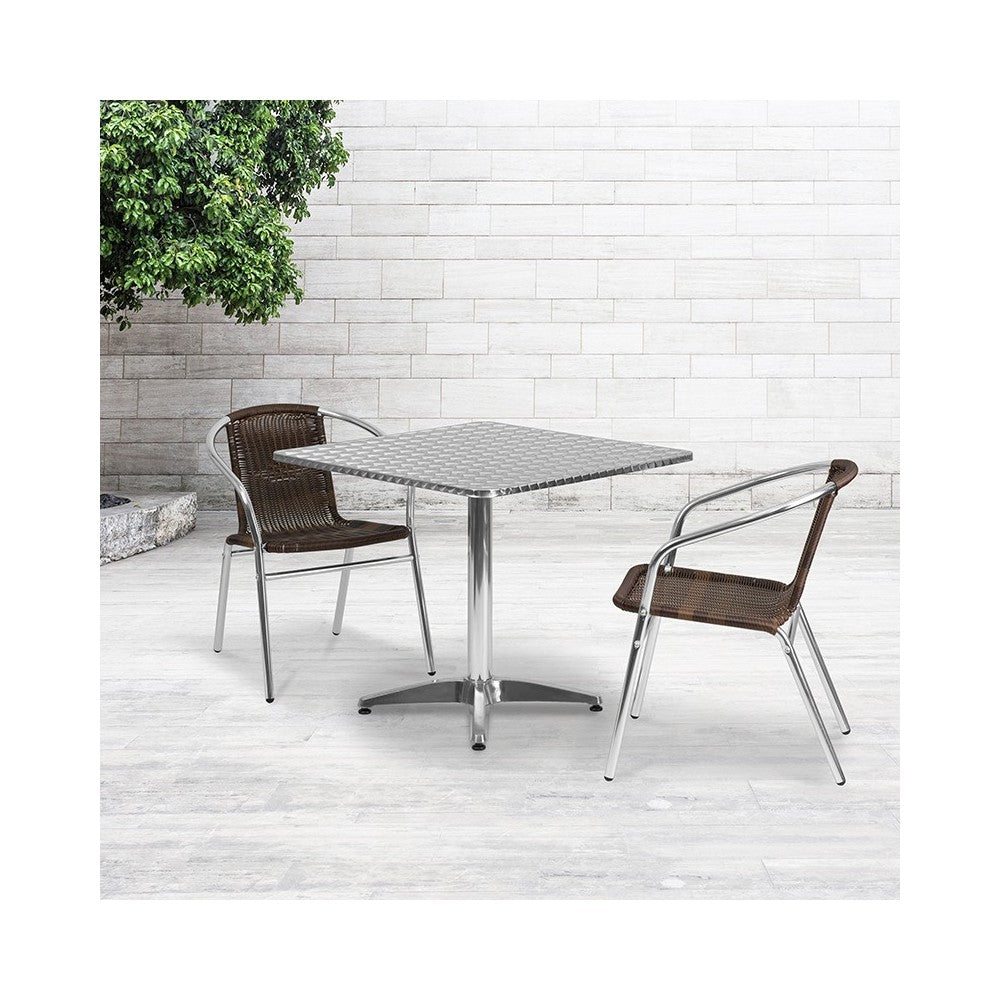 31.5'' Square Aluminum Indoor-Outdoor Table Set with 2 Dark Brown Rattan Chairs