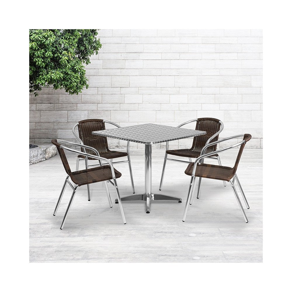 31.5'' Square Aluminum Indoor-Outdoor Table Set with 4 Dark Brown Rattan Chairs