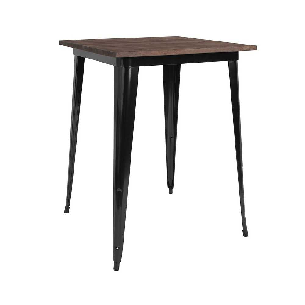 31.5" Square Black Metal Indoor Bar Height Table with Walnut Rustic Wood Top