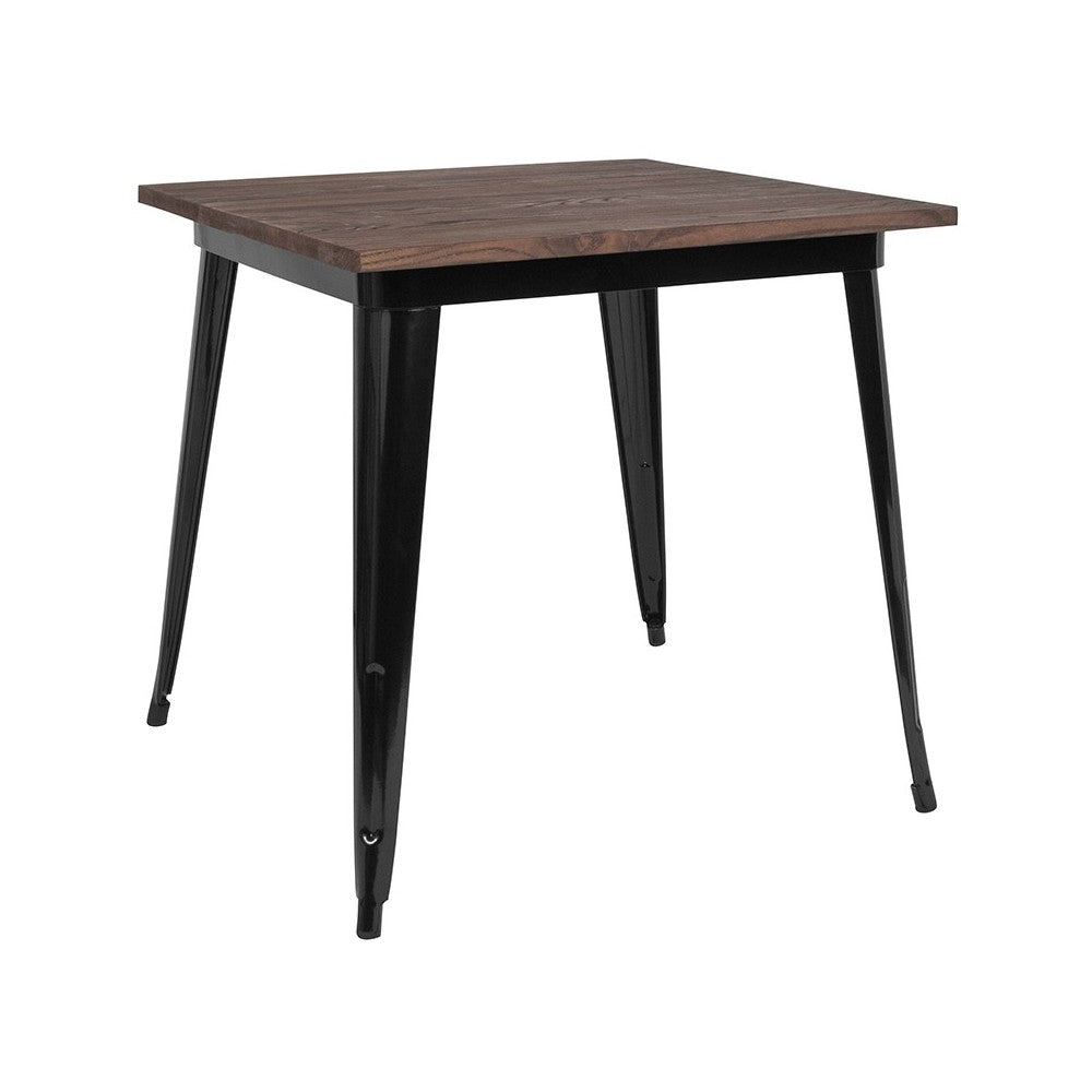 31.5" Square Black Metal Indoor Table with Walnut Rustic Wood Top