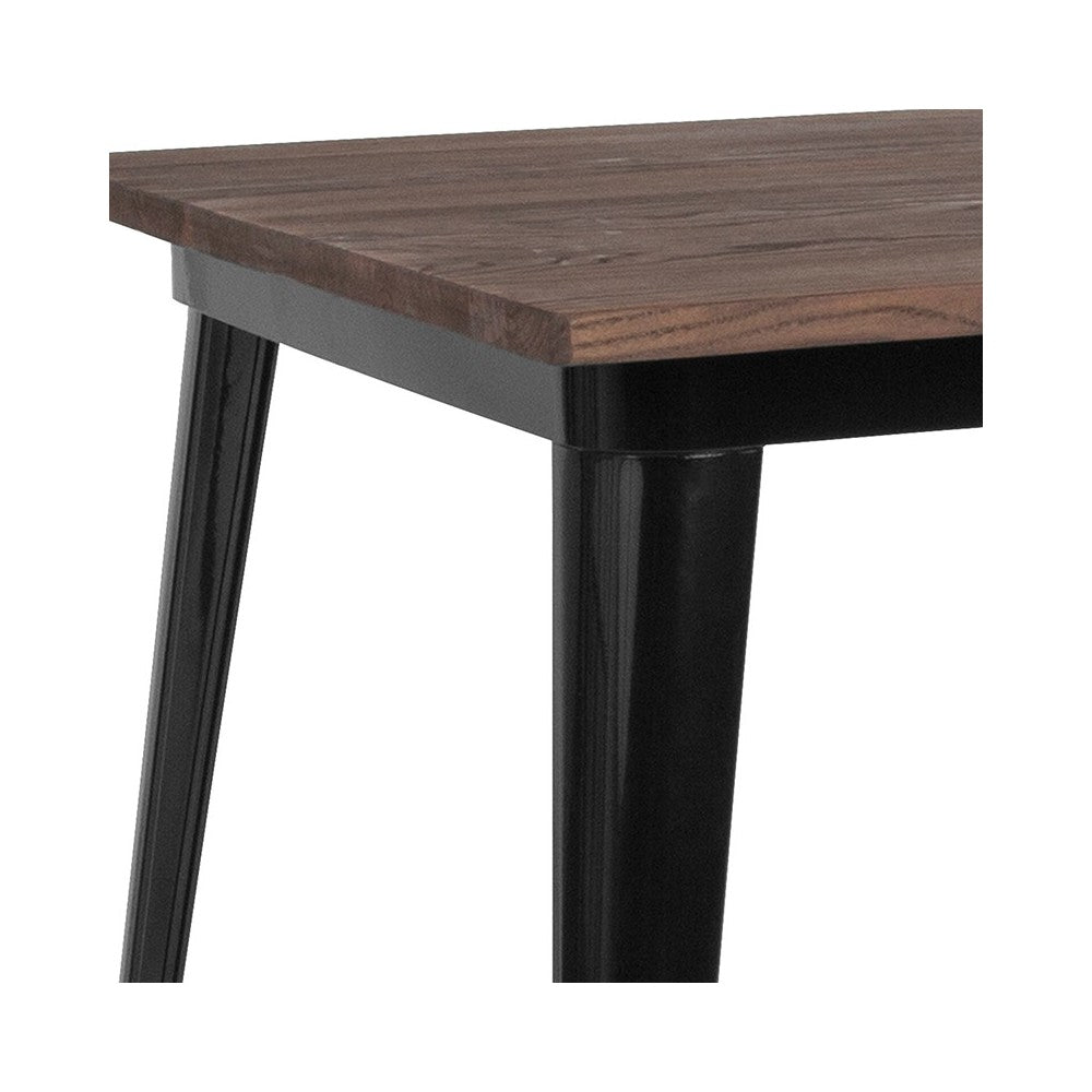 31.5" Square Black Metal Indoor Table with Walnut Rustic Wood Top