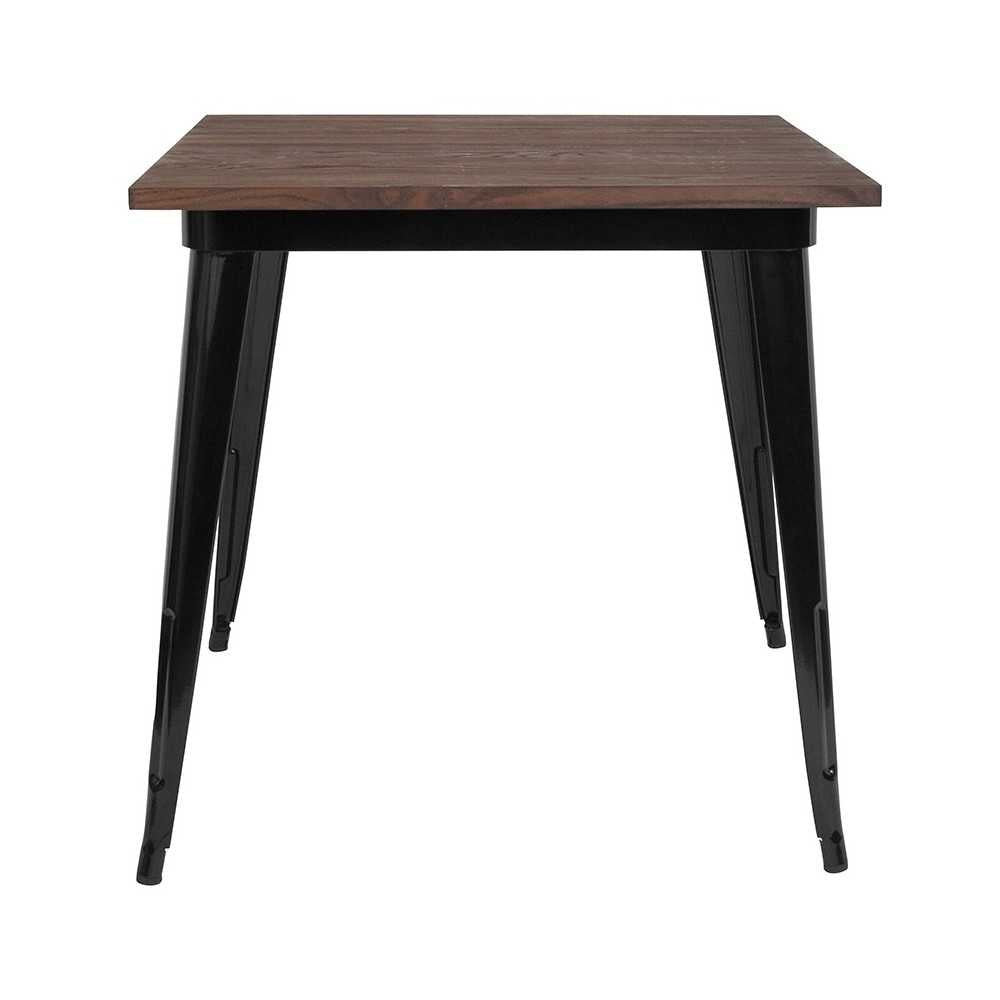 31.5" Square Black Metal Indoor Table with Walnut Rustic Wood Top