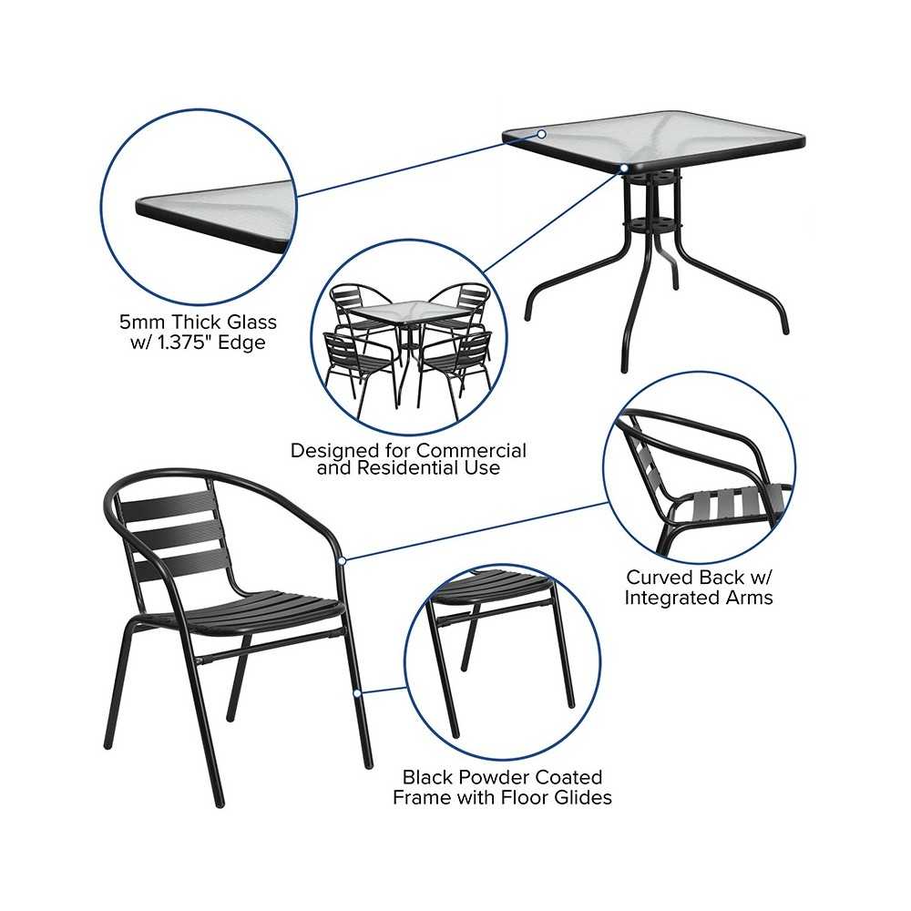 31.5'' Square Glass Metal Table with 4 Black Metal Aluminum Slat Stack Chairs