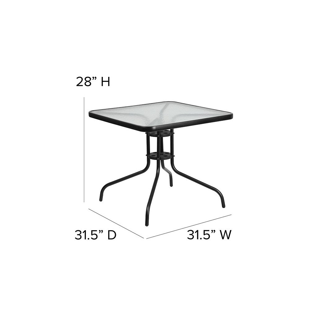 31.5'' Square Glass Metal Table with 4 Black Metal Aluminum Slat Stack Chairs