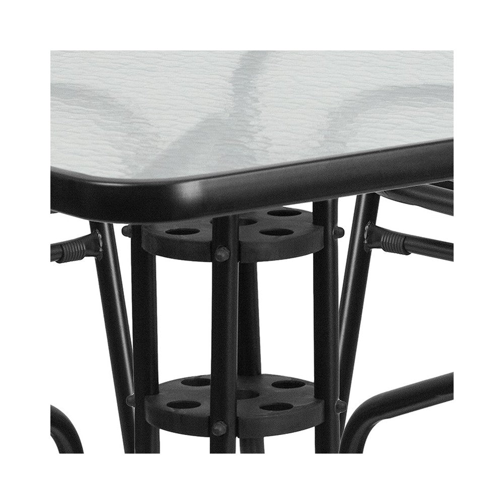 31.5'' Square Glass Metal Table with 4 Black Metal Aluminum Slat Stack Chairs