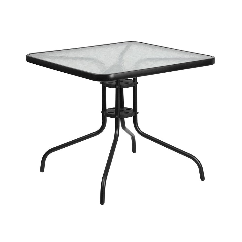 31.5'' Square Glass Metal Table with 4 Black Metal Aluminum Slat Stack Chairs