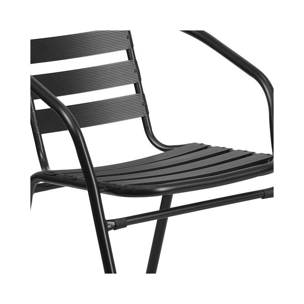 31.5'' Square Glass Metal Table with 4 Black Metal Aluminum Slat Stack Chairs
