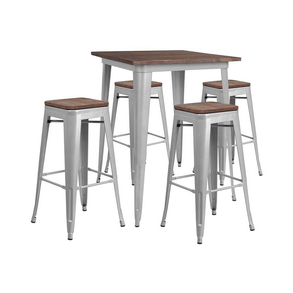 31.5" Square Silver Metal Bar Table Set with Wood Top and 4 Backless Stools