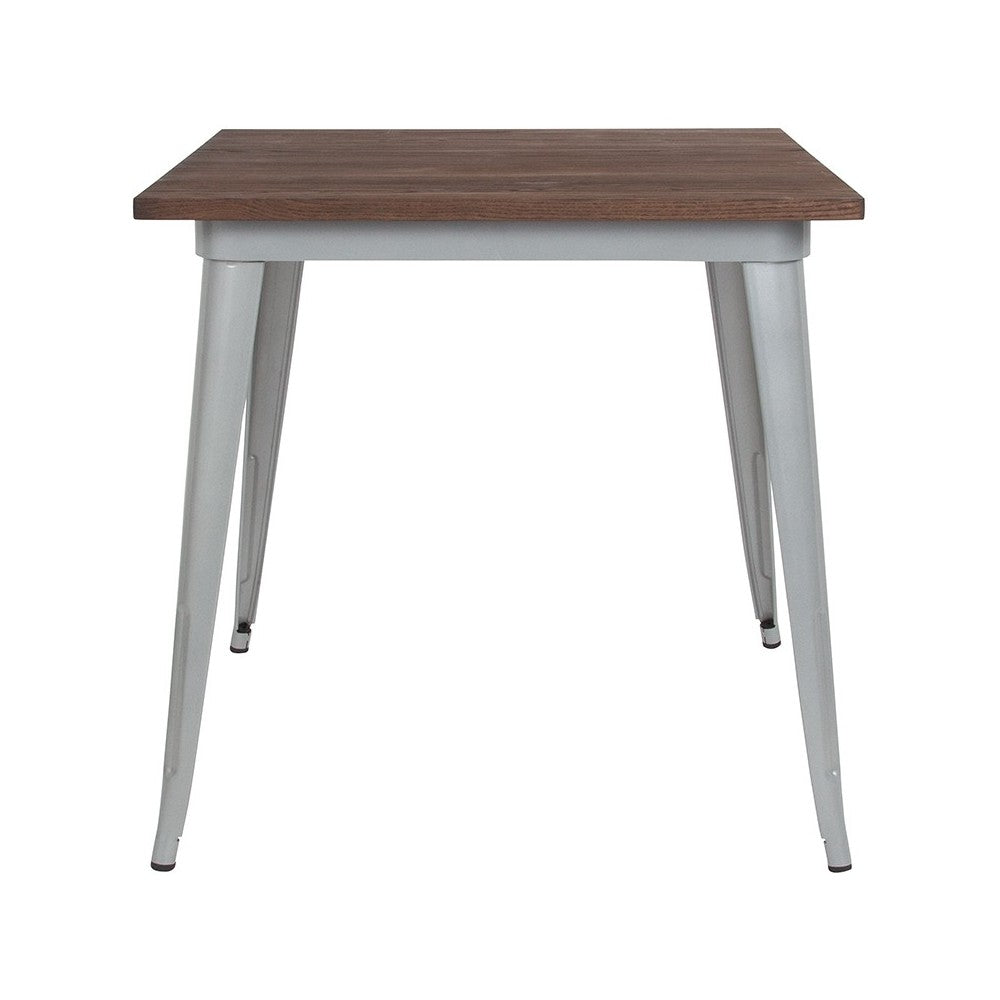 31.5" Square Silver Metal Indoor Table with Walnut Rustic Wood Top