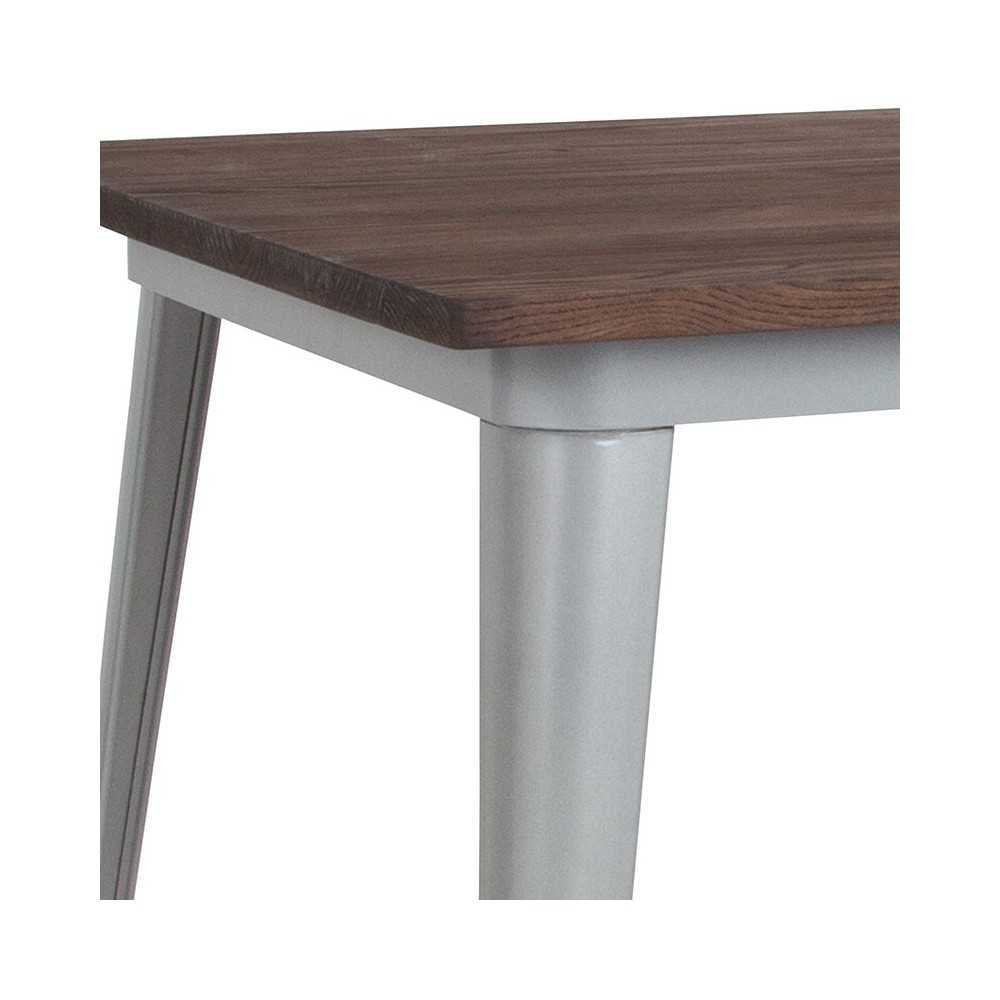 31.5" Square Silver Metal Indoor Table with Walnut Rustic Wood Top