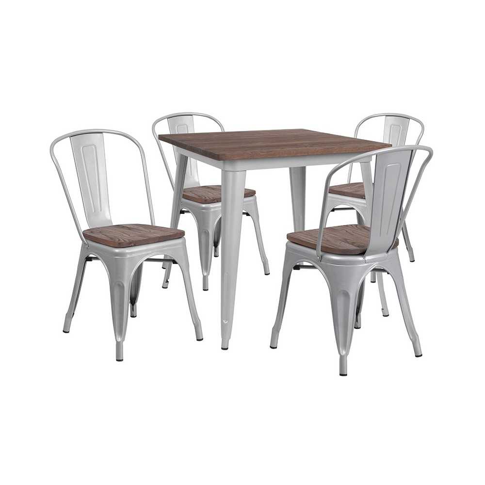 31.5" Square Silver Metal Table Set with Wood Top and 4 Stack Chairs