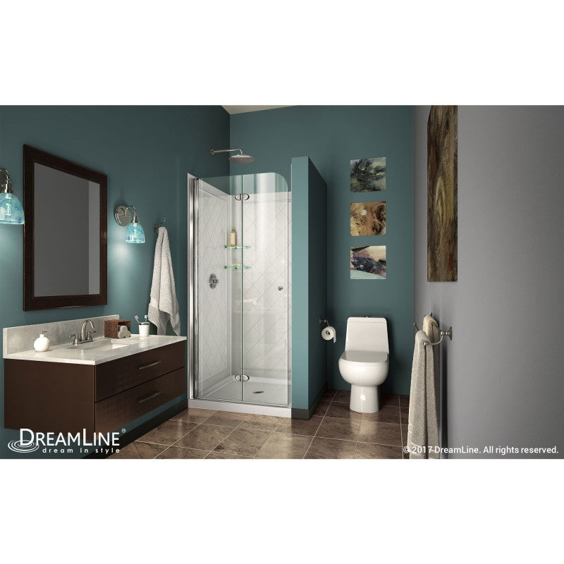 DreamLine Aqua Fold 36 in. D x 36 in. W x 76 3/4 in. H Frameless Bi-Fold Shower Door in Chrome with White Base and Backwall Kit