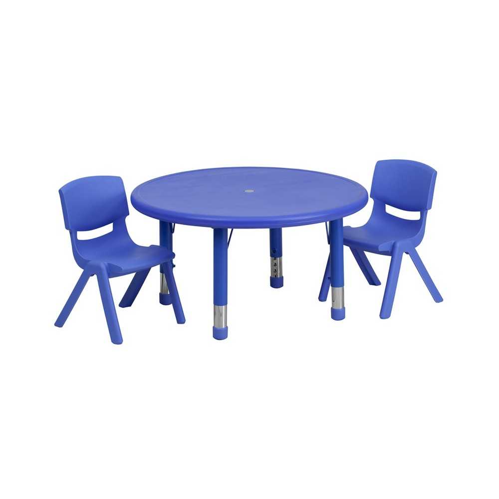 33'' Round Blue Plastic Height Adjustable Activity Table Set with 2 Chairs