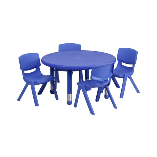 33'' Round Blue Plastic Height Adjustable Activity Table Set with 4 Chairs