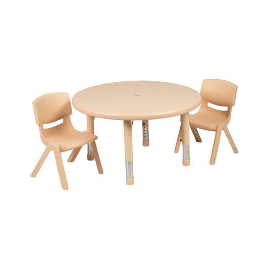 33" Round Natural Plastic Height Adjustable Activity Table Set with 2 Chairs