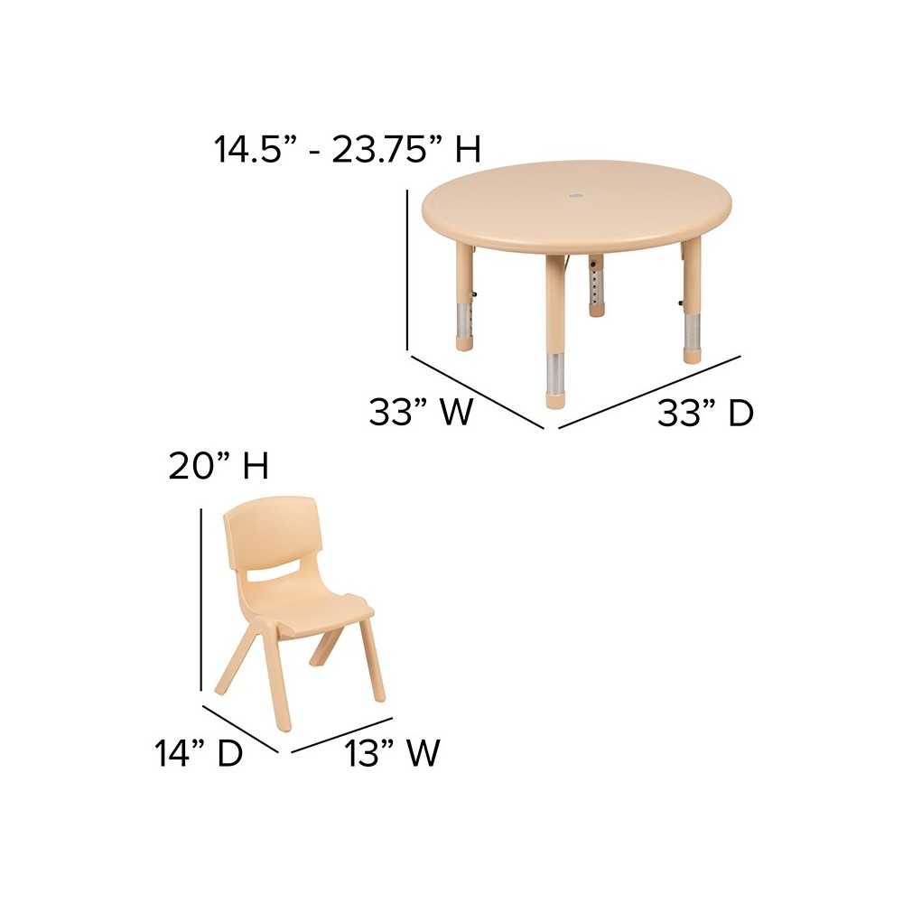 33" Round Natural Plastic Height Adjustable Activity Table Set with 2 Chairs