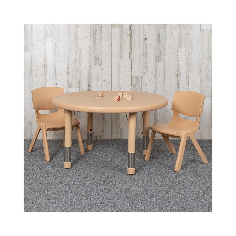 33" Round Natural Plastic Height Adjustable Activity Table Set with 2 Chairs