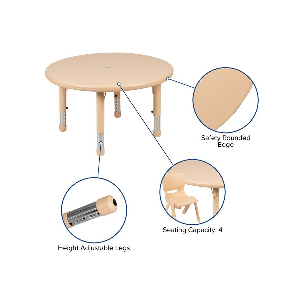 33" Round Natural Plastic Height Adjustable Activity Table Set with 2 Chairs