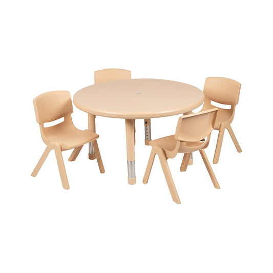 33" Round Natural Plastic Height Adjustable Activity Table Set with 4 Chairs