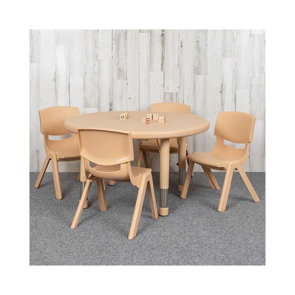 33" Round Natural Plastic Height Adjustable Activity Table Set with 4 Chairs