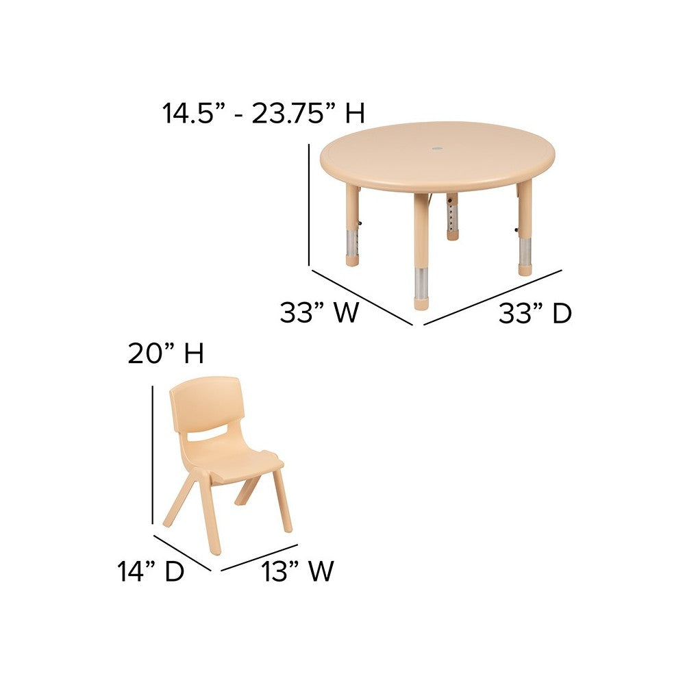 33" Round Natural Plastic Height Adjustable Activity Table Set with 4 Chairs